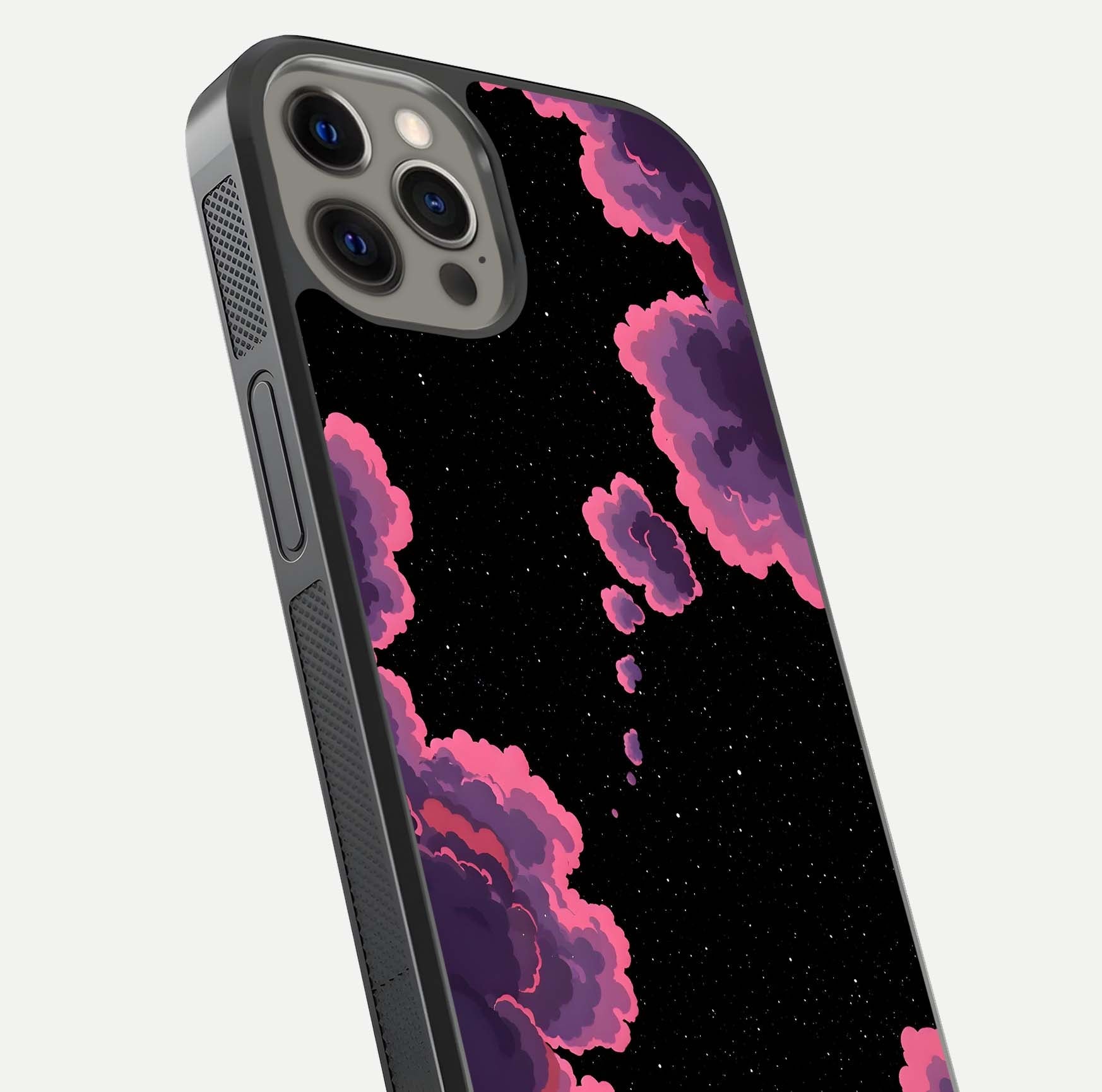Cosmic Cloud Journey Glass Case for iPhone 12 Pro Max close-up highlighting star clusters and reflection texture
