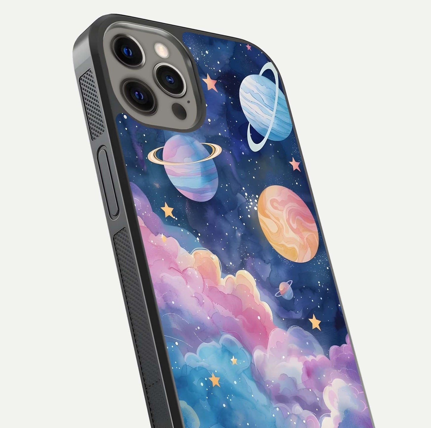 Cosmic Planet Dreams Glass Case for iPhone 12 Pro Max close-up highlighting planetary details and reflection glow