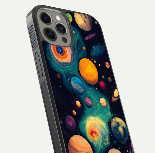 Cosmic Planet Journey Glass Case for iPhone 12 Pro Max close-up highlighting planets, stars, and shine reflection
