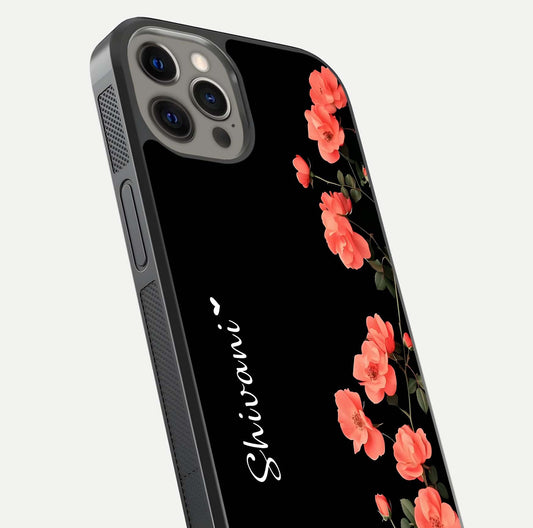 Crimson Bloom Grace Custom Name Glass Case for iPhone 12 Pro Max close-up highlighting flower pattern and reflection texture