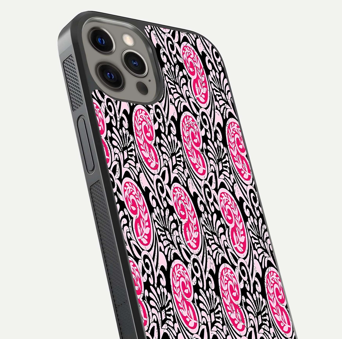 Crimson Paisley Charm Glass Case for iPhone 12 Pro Max close-up highlighting fine pattern detail and reflection tone