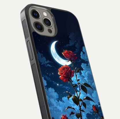 Crimson Rose Moon Glass Case for iPhone 12 Pro Max close-up showing rose detail and reflection highlight