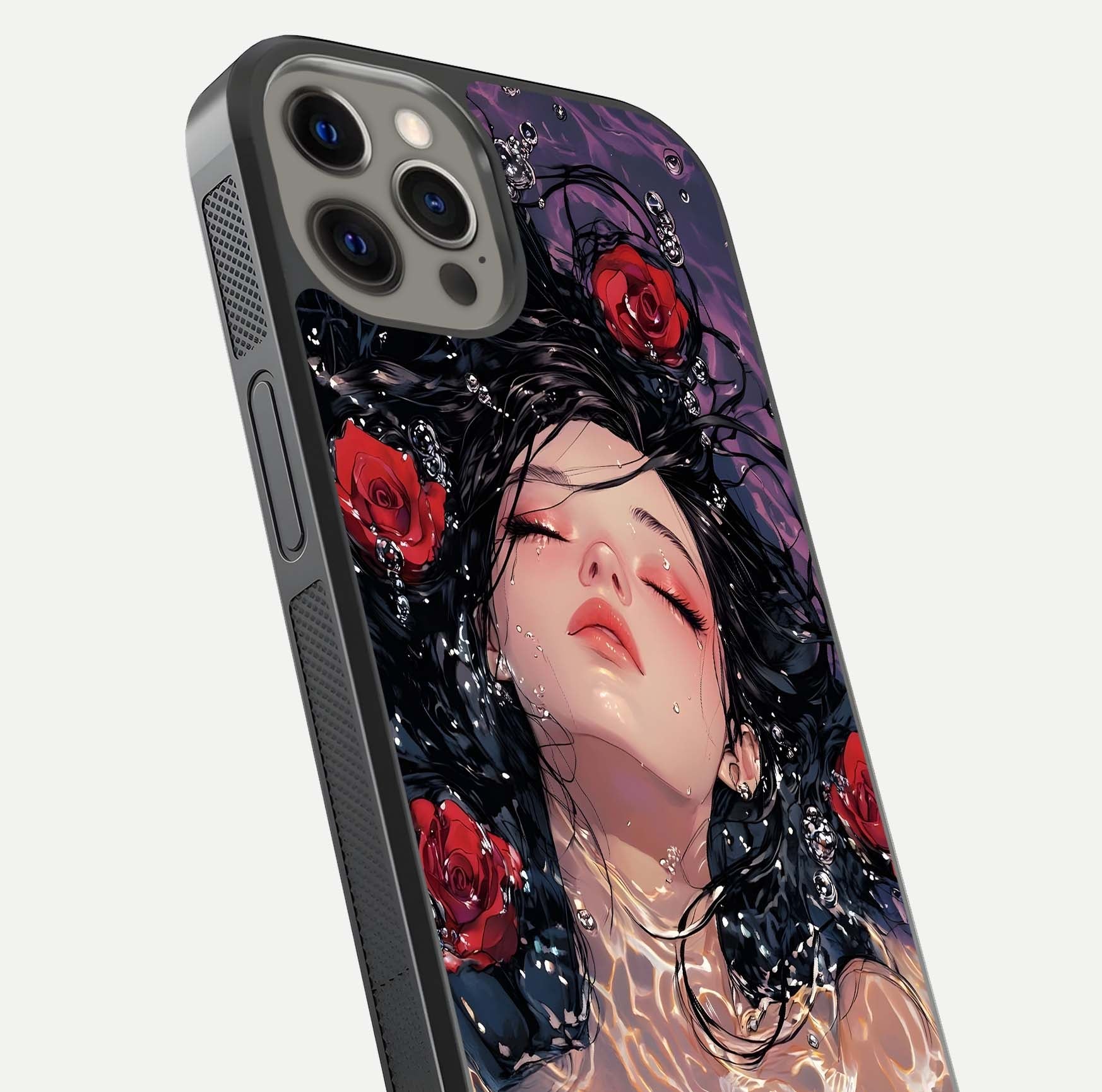 Crimson Rose Serenity Glass Case for iPhone 12 Pro Max close-up highlighting rose gradient and reflection detail