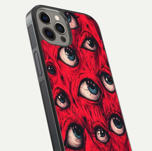 Crimson Watch Eyes Glass Case for iPhone 12 Pro Max close-up highlighting graphic detail and reflection