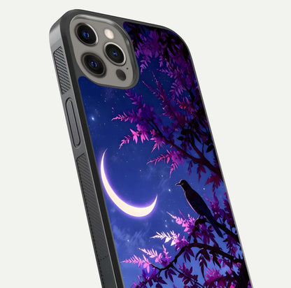 Crow & Moon Scenery Glass Case for iPhone 12 Pro Max close-up highlighting moon detail, dark tones, and glass reflection