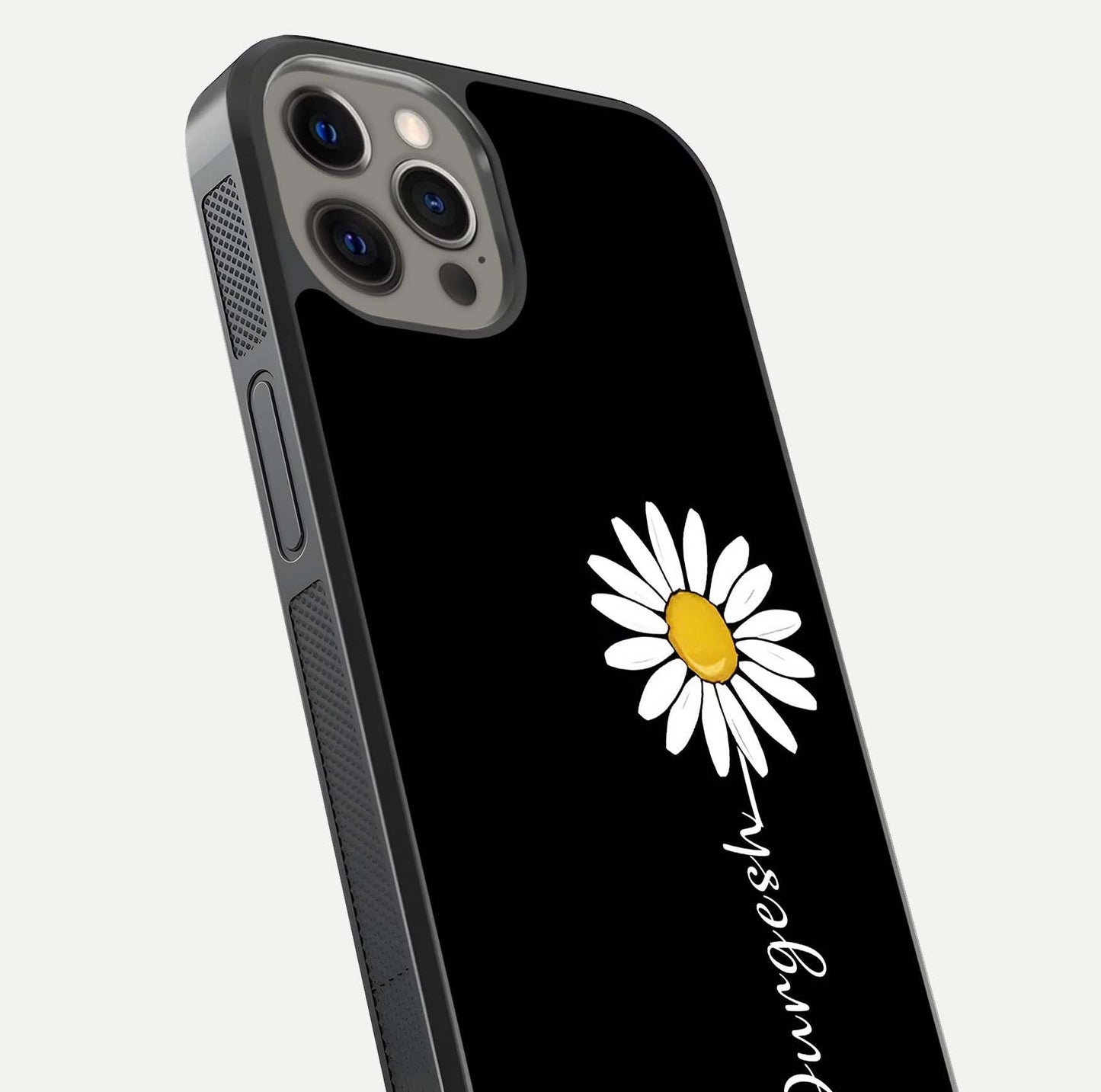 Custom Name White Flower Glass Case for iPhone 12 Pro Max close-up highlighting petals, name print, and reflection polish