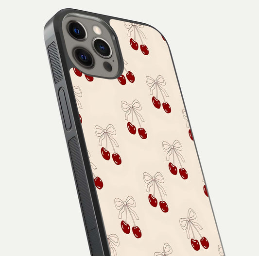 Cute Cherry Pattern Glass Case for iPhone 12 Pro Max close-up showing cherry cluster details and light reflection
