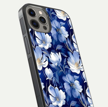 Cute Floral Patterns Glass Case for iPhone 12 Pro Max close-up highlighting flowers and gloss reflection