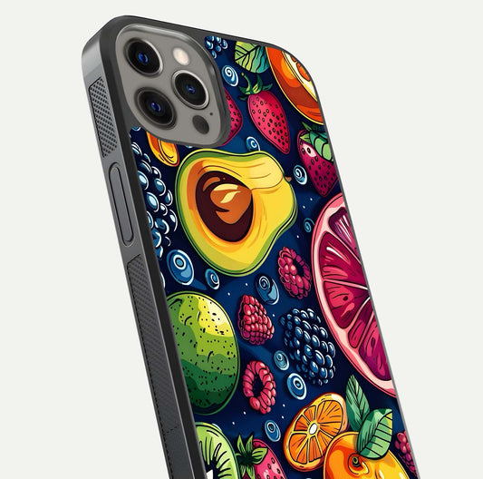 Cute Fruits Art Glass Case for iPhone 12 Pro Max close-up highlighting fruit shapes, color tones, and reflection polish