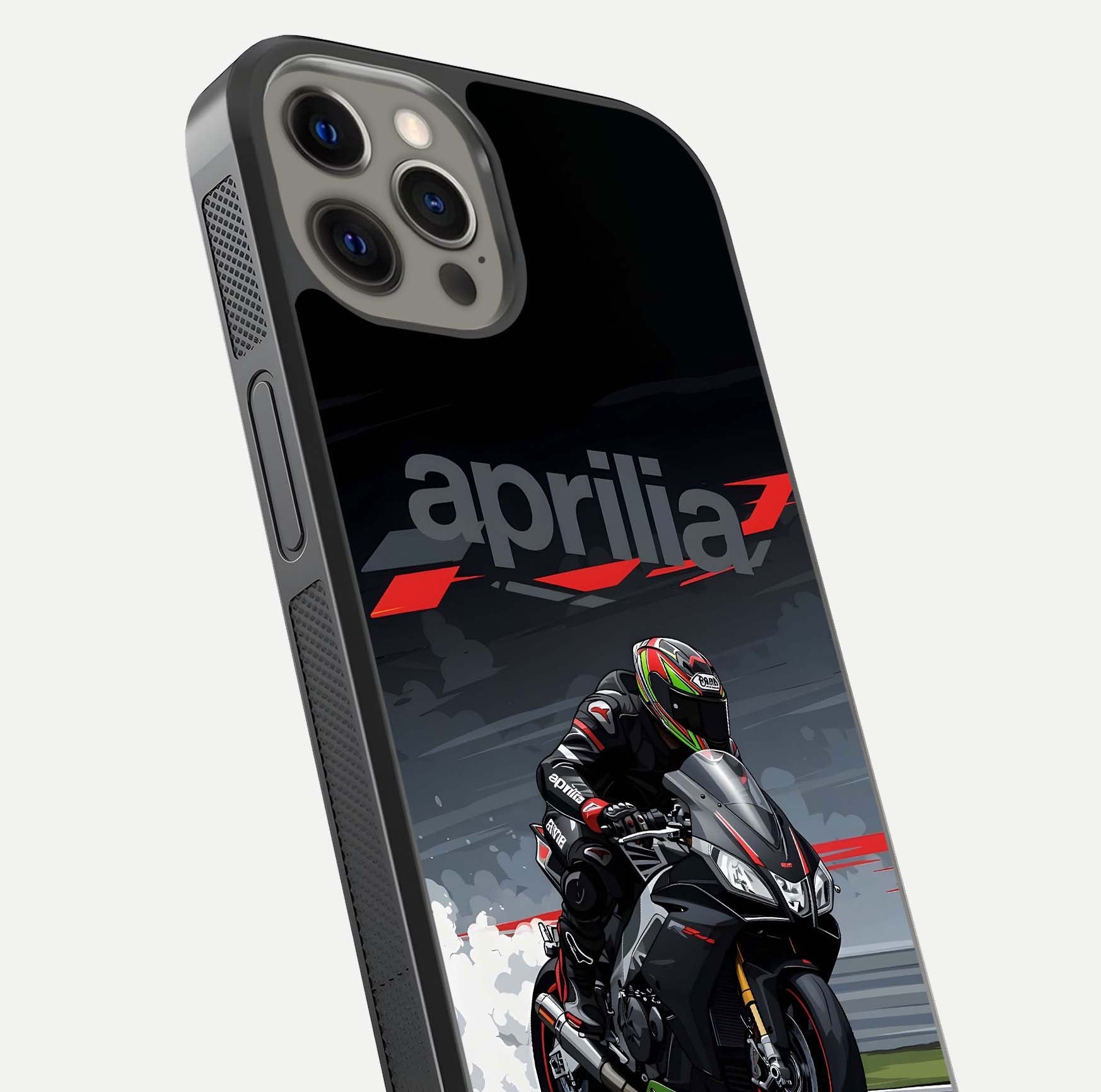 Dark Aprilla Glass Case for iPhone 12 Pro Max close-up highlighting detailing and reflection effect