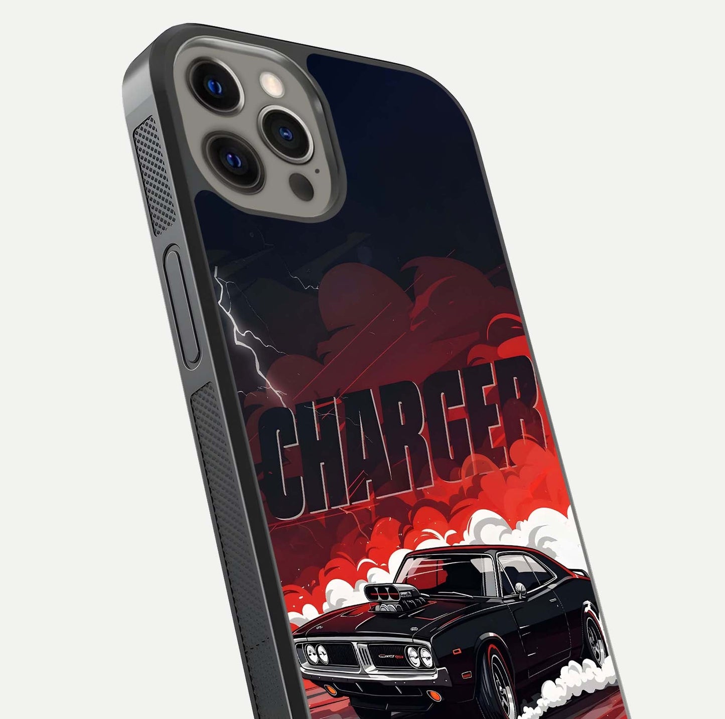 Dark Charger Fury Glass Case for iPhone 12 Pro Max close-up highlighting car reflection and light gloss