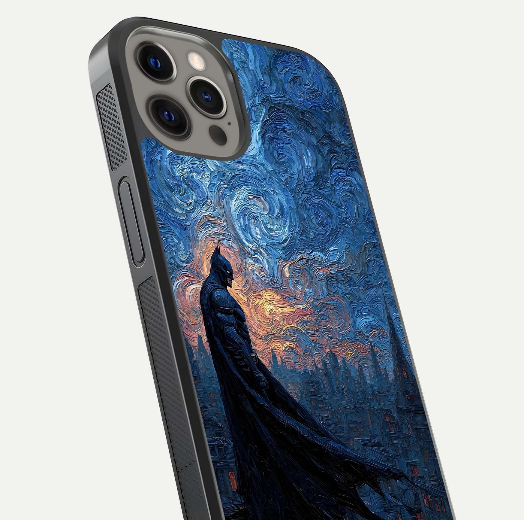 Dark Knight Dusk Glass Case for iPhone 12 Pro Max close-up highlighting dark suit texture and reflection detail