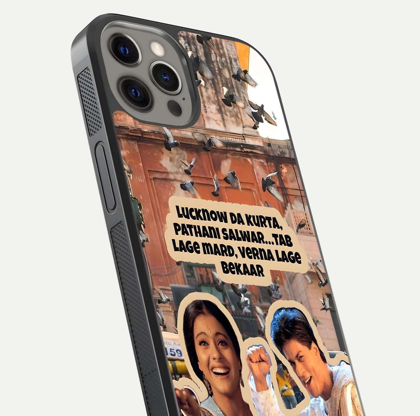 Desi Retro Vibes Glass Case for iPhone 12 Pro Max close-up highlighting retro color palette and reflection glow