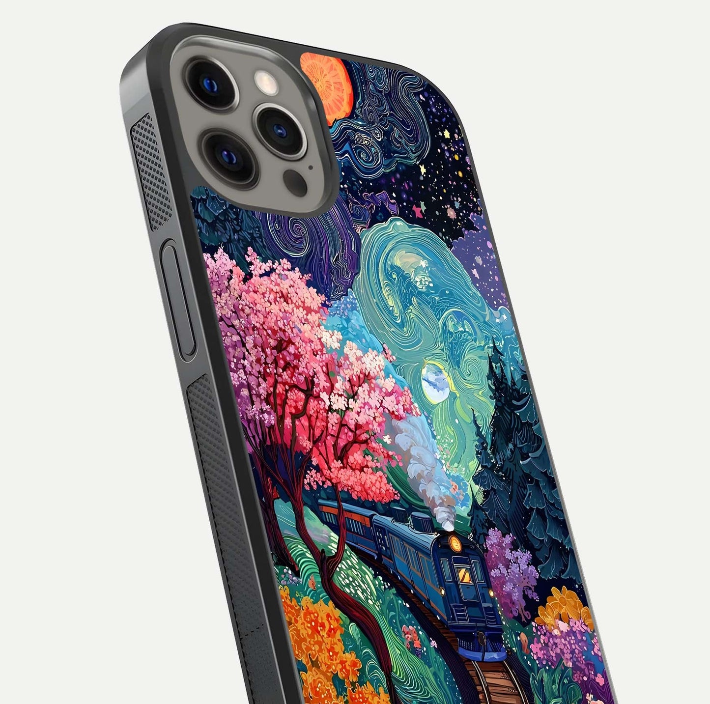 Digital Art Glass Case for iPhone 12 Pro Max close-up highlighting brush-stroke details and reflection polish