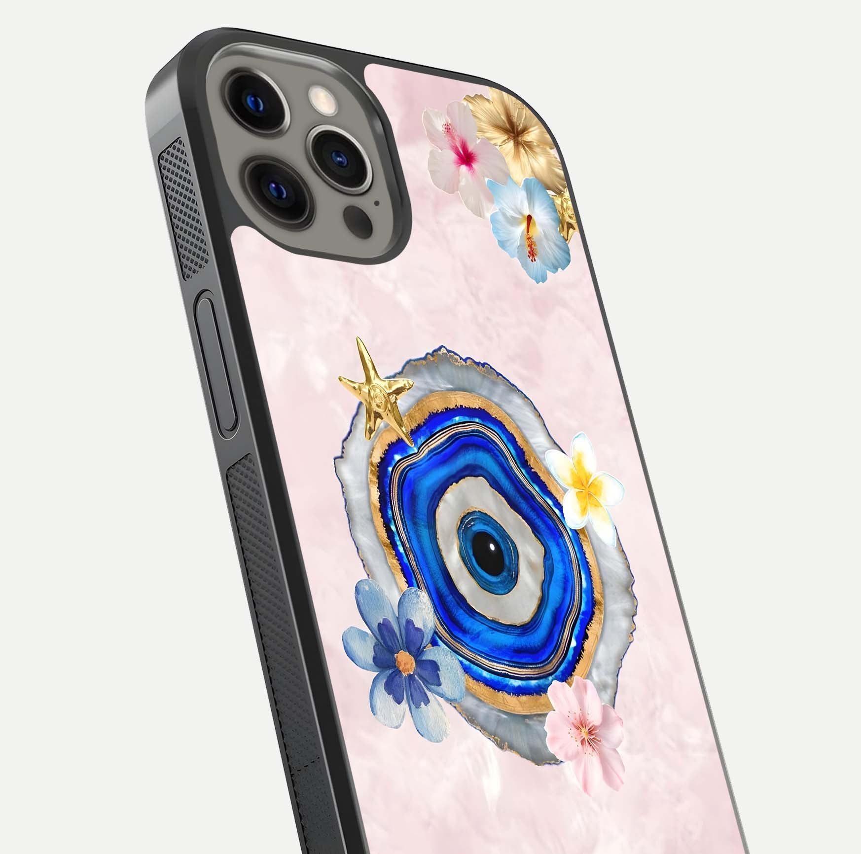 Divine Aura Bloom Glass Case for iPhone 12 Pro Max close-up highlighting flower glow and reflection tone