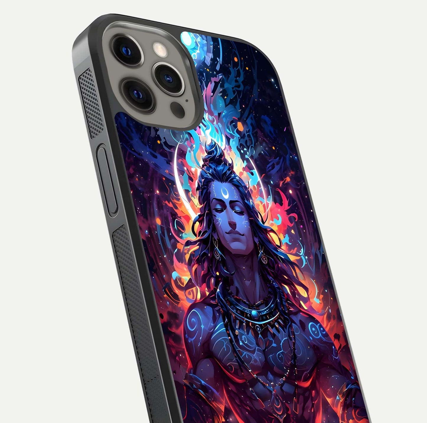 Divine Fire Shiv Glass Case for iPhone 12 Pro Max close-up highlighting divine detailing and reflection depth