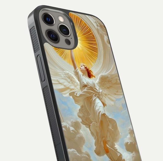 Divine Light Angel Glass Case for iPhone 12 Pro Max close-up highlighting light rays and glass reflection