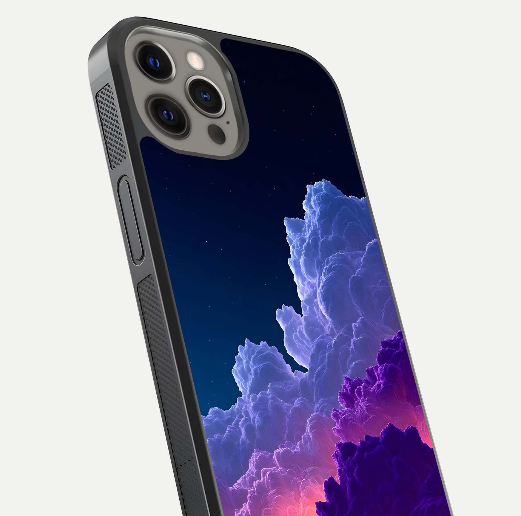Dreamy Cloud Skies Glass Case for iPhone 12 Pro Max close-up highlighting soft gradient tones and reflection glow