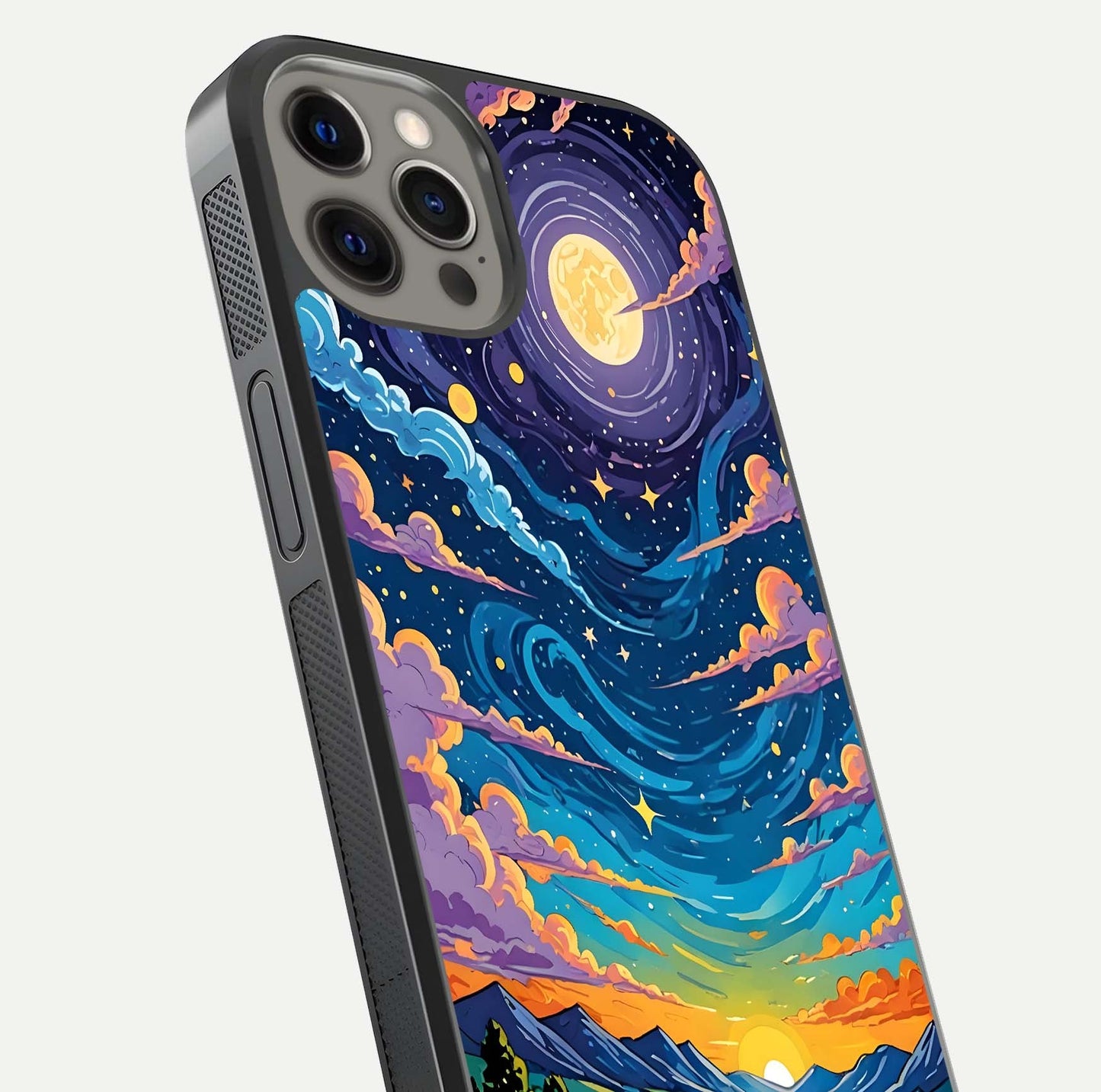 Dreamy Night Landscape Glass Case for iPhone 12 Pro Max close-up highlighting stars and reflection tone