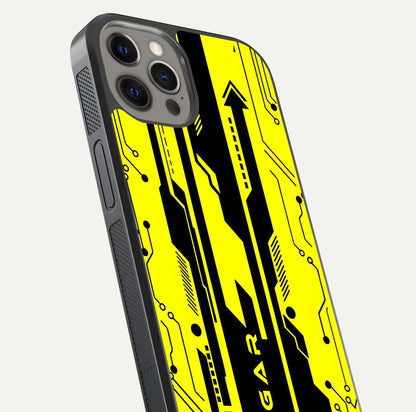 Electric Pulse CYBERPUNK Custom Name Glass Case for iPhone 12 Pro Max close-up highlighting tech pattern, lighting effect, and reflection shine