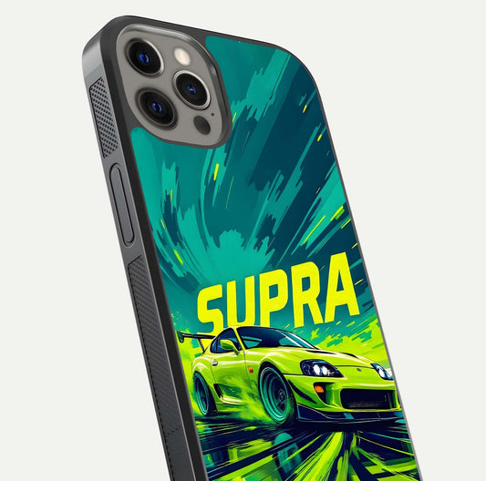 Electric Supra Thunder Glass Case for iPhone 12 Pro Max close-up highlighting car reflection, neon tones, and gloss polish