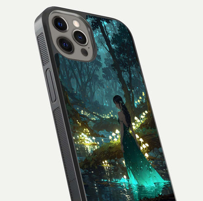 Enchanted Forest Glow Glass Case for iPhone 12 Pro Max close-up highlighting trees, lights, and reflection texture