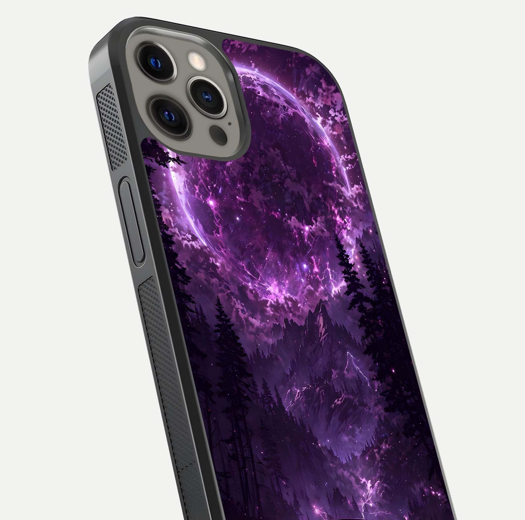 Eternal Cosmic Drive Glass Case for iPhone 12 Pro Max close-up highlighting cosmic lights and reflection depth