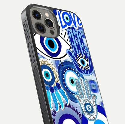 Evil Eyes Dream Glass Case for iPhone 12 Pro Max close-up highlighting evil-eye charm detail and light reflection on glass