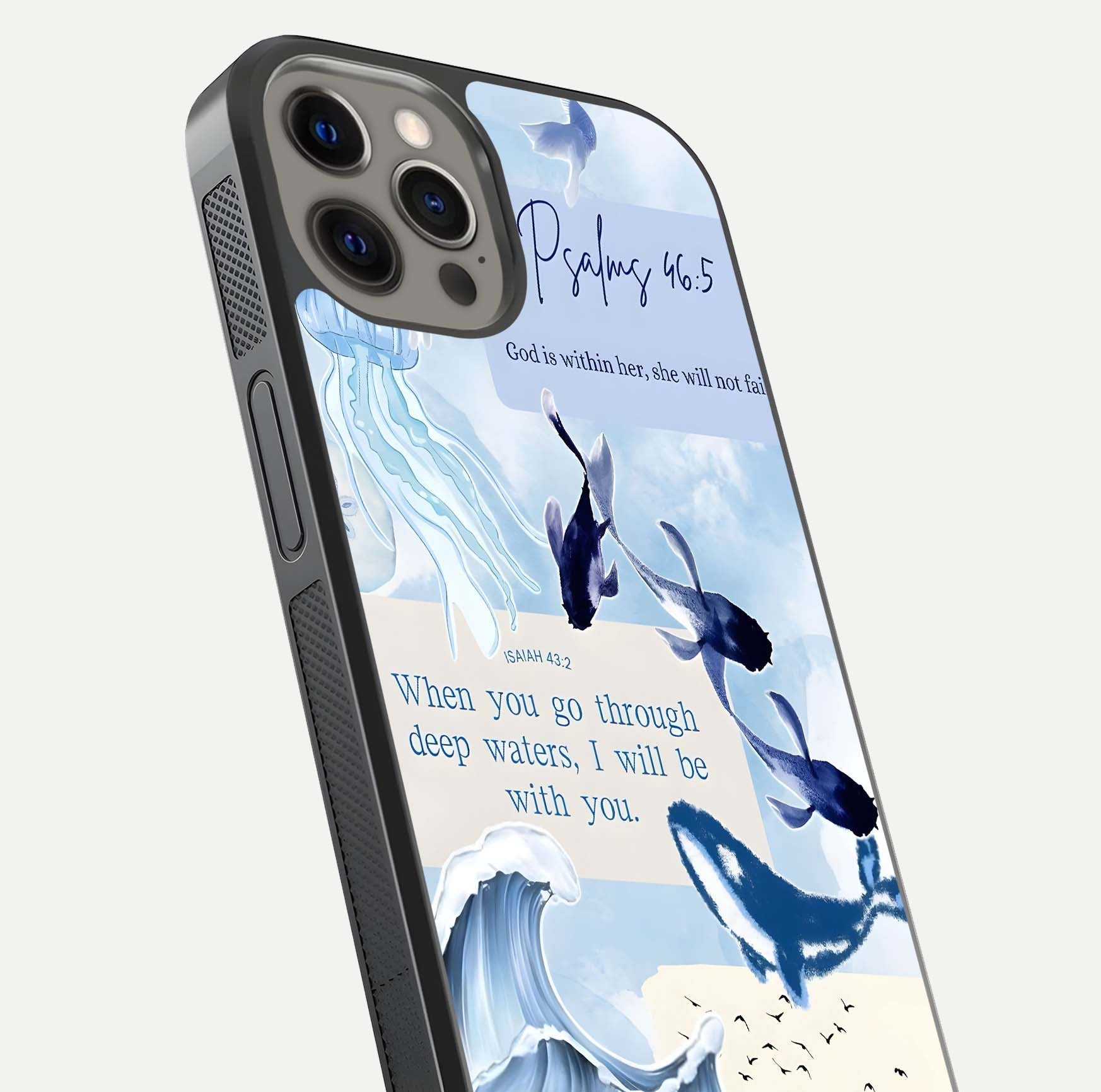 Faithful Ocean Promise Glass Case for iPhone 12 Pro Max close-up highlighting water reflection and serene blue tones