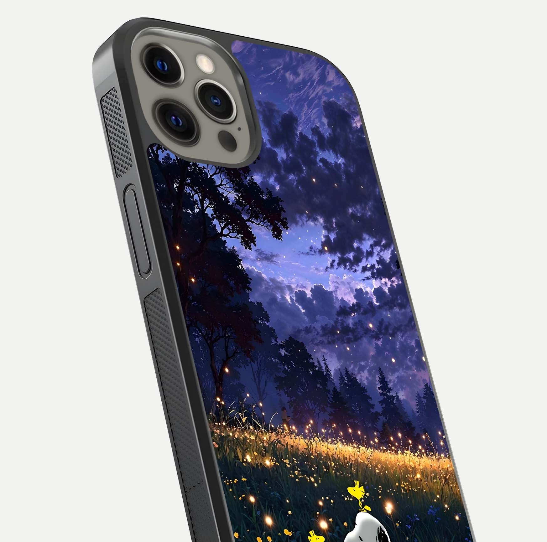 Firefly Meadow Magic Glass Case for iPhone 12 Pro Max close-up highlighting luminous firefly light and reflection detail