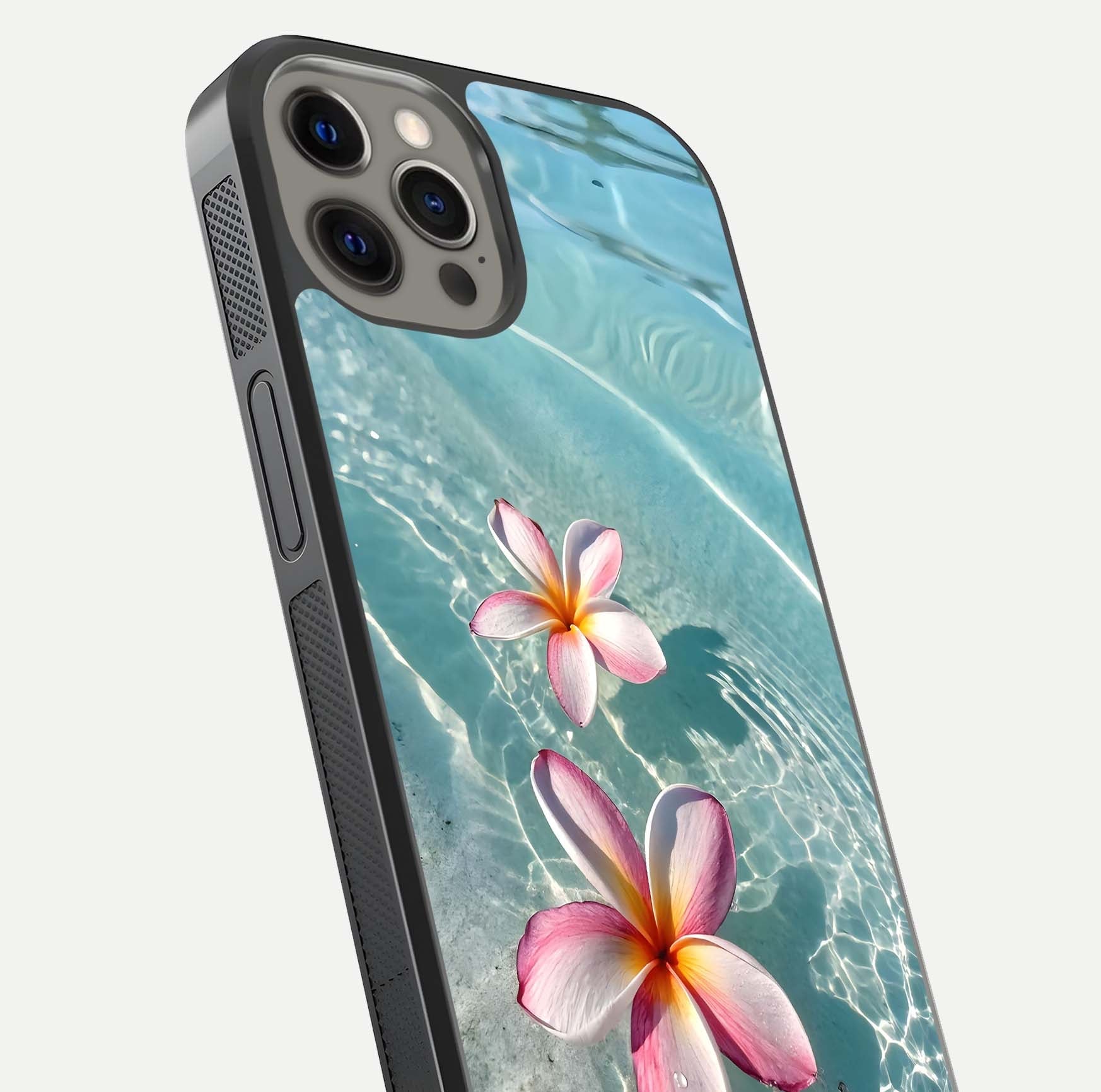 Floating Bloom Bliss Glass Case for iPhone 12 Pro Max close-up highlighting petal detail and reflection tone