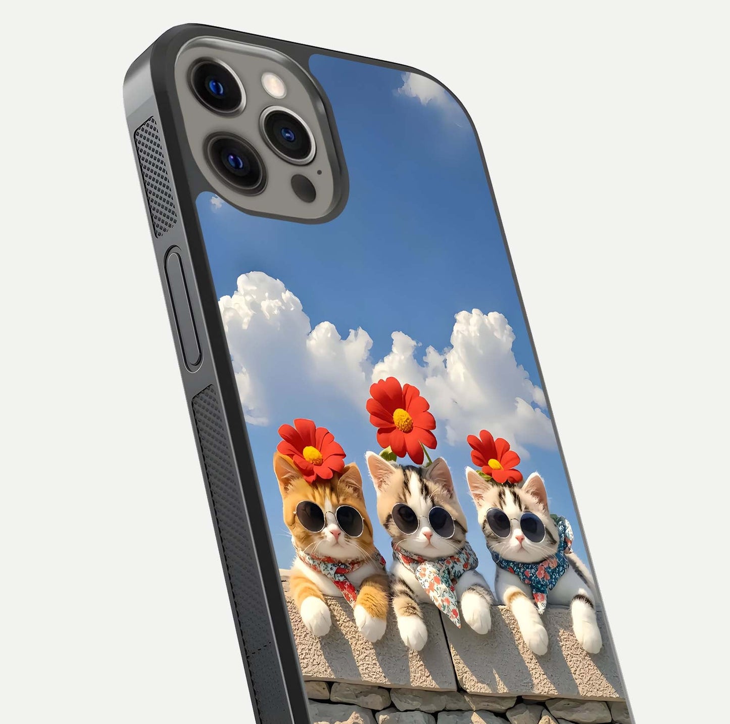 Floral Kitty Squad Glass Case for iPhone 12 Pro Max close-up highlighting cat detail and flower patterns with HD shine