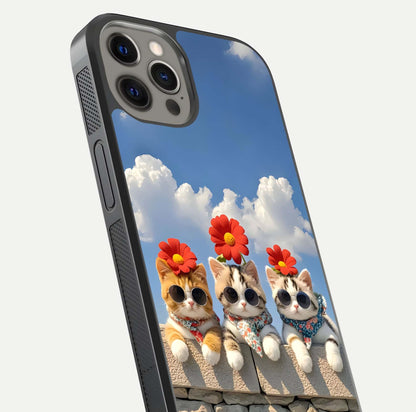 Floral Kitty Squad Glass Case for iPhone 12 Pro Max close-up highlighting cat detail and flower patterns with HD shine