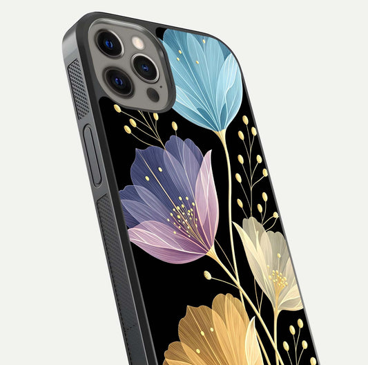 Flower Bloom Glow Glass Case for iPhone 12 Pro Max close-up highlighting bloom detail and reflection polish