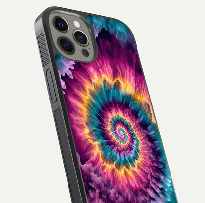 Galactic Spiral Burst Glass Case for iPhone 12 Pro Max close-up angled shot showing spiral burst detail, neon tones, and glossy reflection