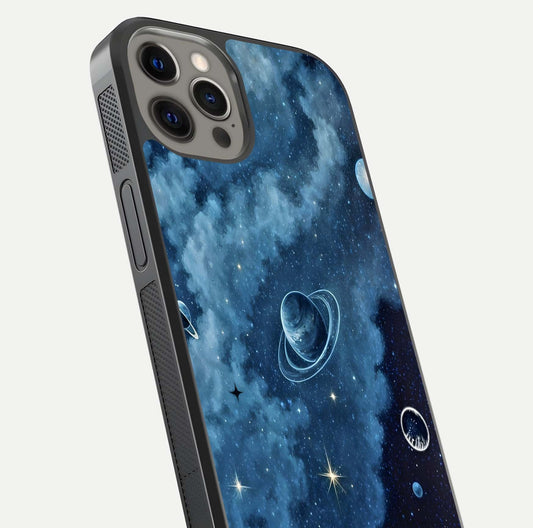 Galaxy Dream Space Glass Case for iPhone 12 Pro Max close-up angled shot highlighting nebula details and reflection shine