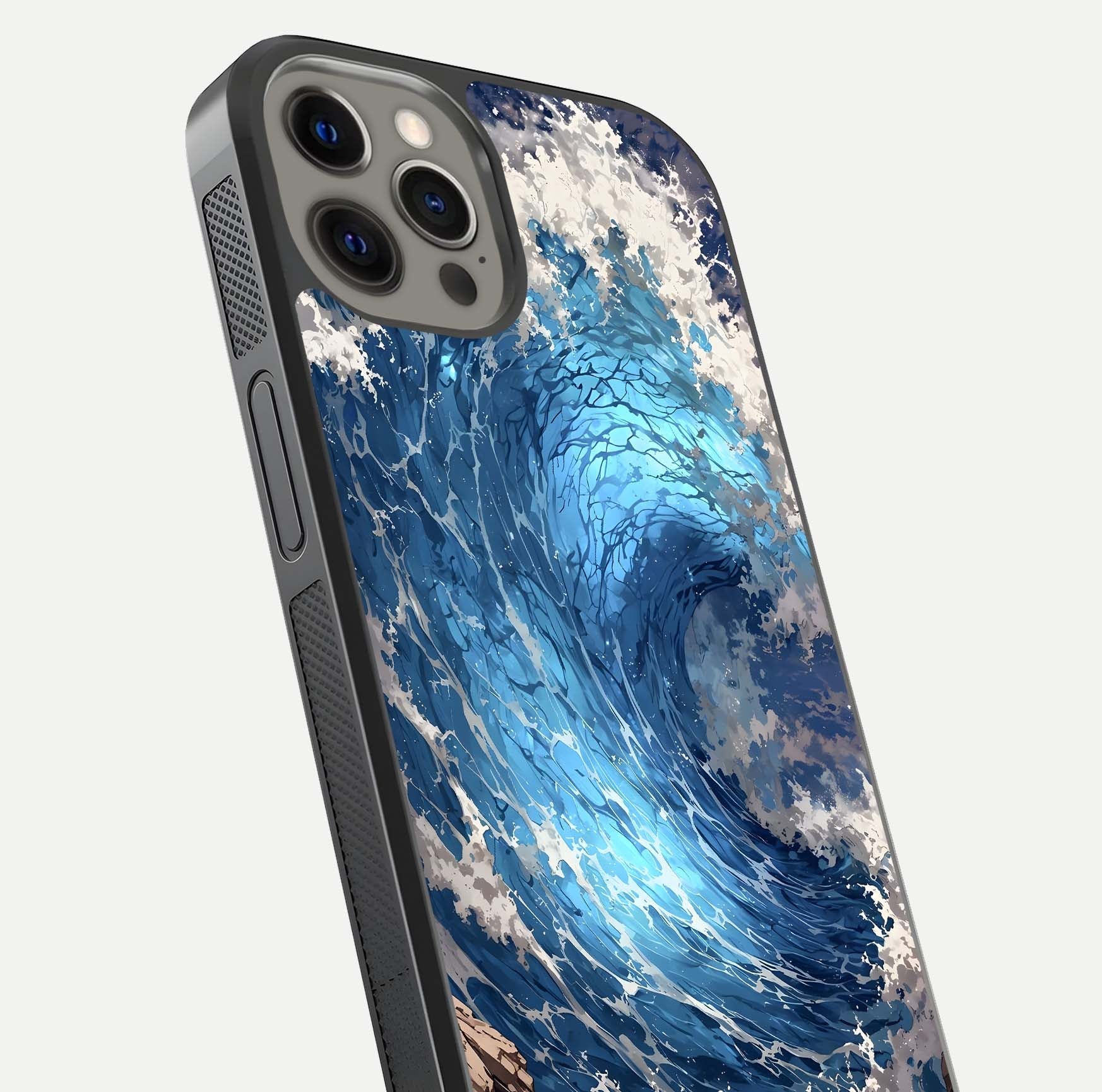 Giant Ocean Wave Glass Case for iPhone 12 Pro Max close-up angled shot showing wave texture and water reflection shine