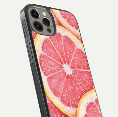 Glitter Grapefruit Glass Case for iPhone 12 Pro Max close-up angled shot showing fruit texture and glitter reflection