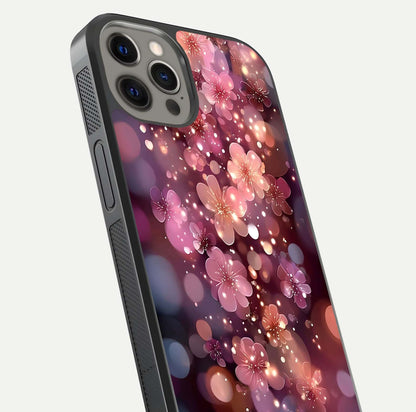 Glowing Petal Bliss Glass Case for iPhone 12 Pro Max close-up angled shot showing petal glow, color depth, and reflection shine