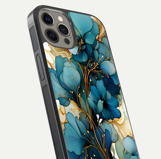 Golden Bloom Symphony Glass Case for iPhone 12 Pro Max close-up angled shot showing detailed petals and metallic gold reflection
