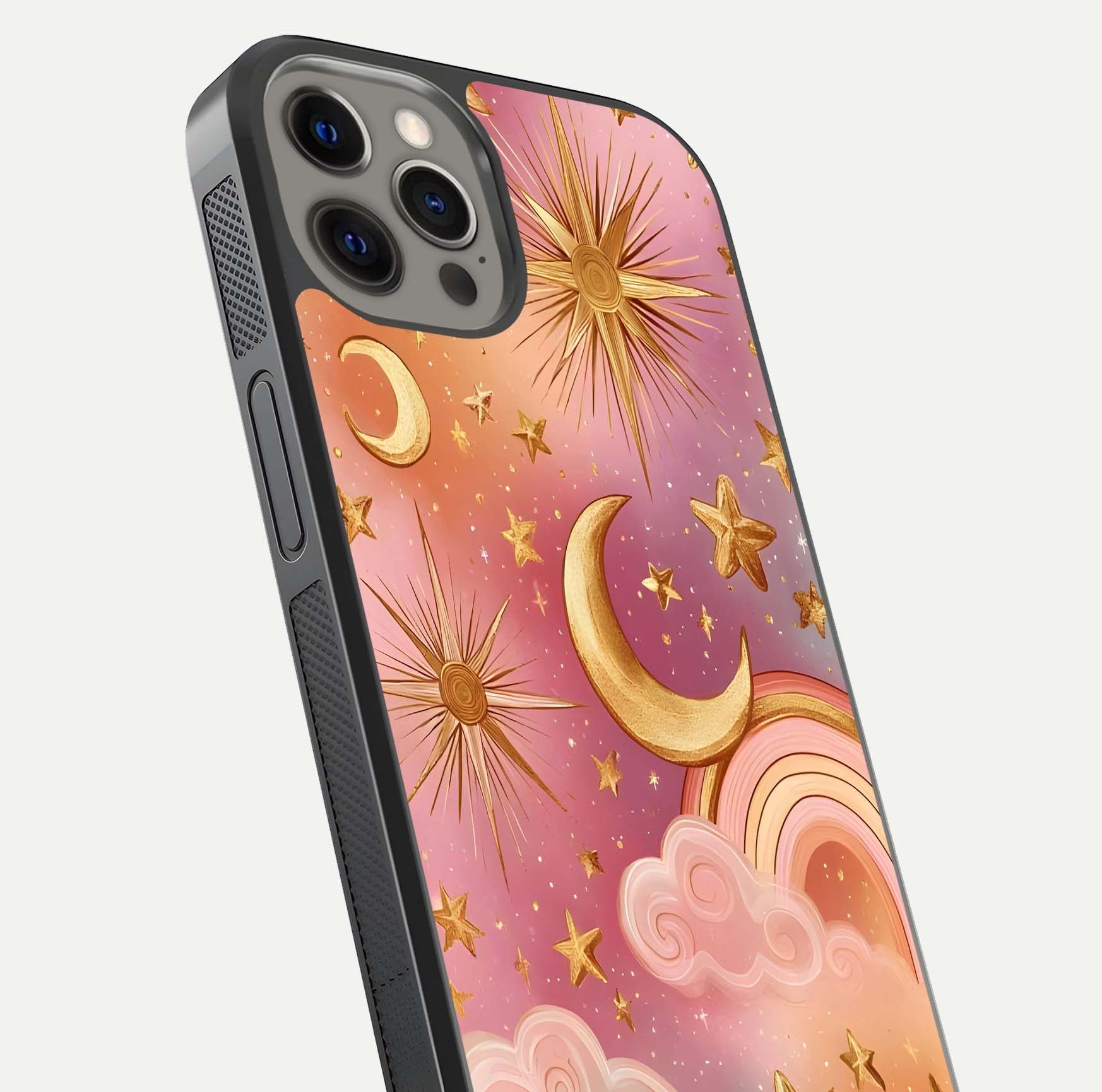 Golden Celestial Dreams Glass Case for iPhone 12 Pro Max close-up angled shot showing cosmic gold tones and reflection shine