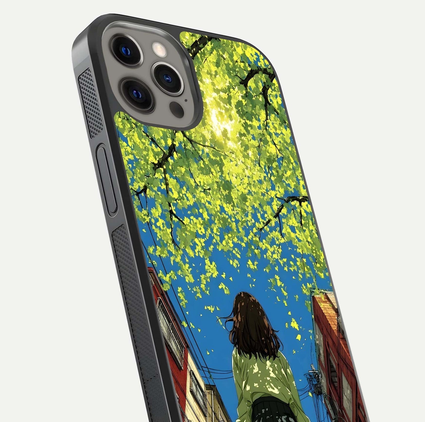 Golden Leaves Glow Glass Case for iPhone 12 Pro Max close-up angled shot showing fine leaf texture and reflection shine