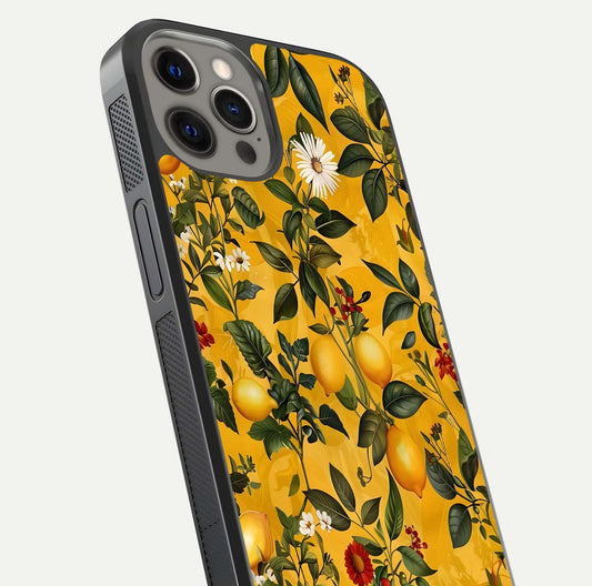 Golden Lemon Field Glass Case for iPhone 12 Pro Max close-up angled shot showing citrus texture and reflection brilliance