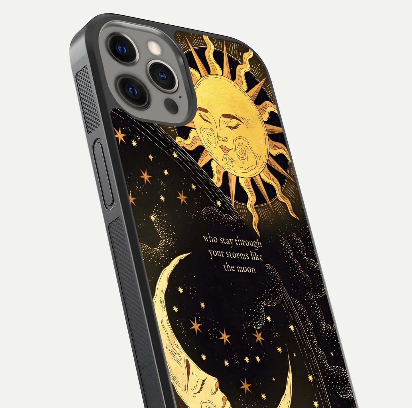 Golden Lunar Love Glass Case for iPhone 12 Pro Max close-up angled shot showing moon glow, texture, and reflection polish