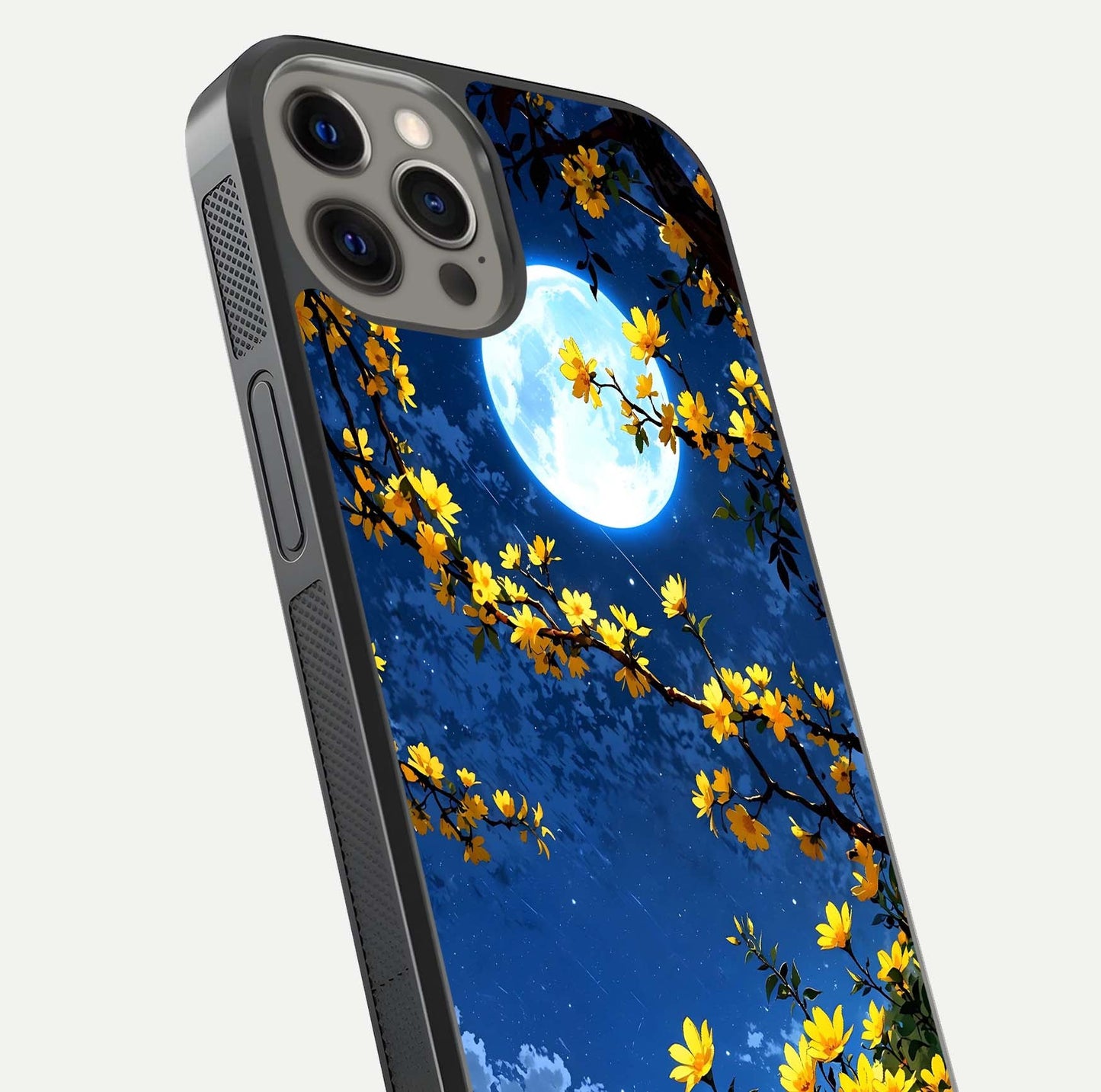 Golden Night Glow Glass Case for iPhone 12 Pro Max close-up angled shot showing shimmer texture and light reflection