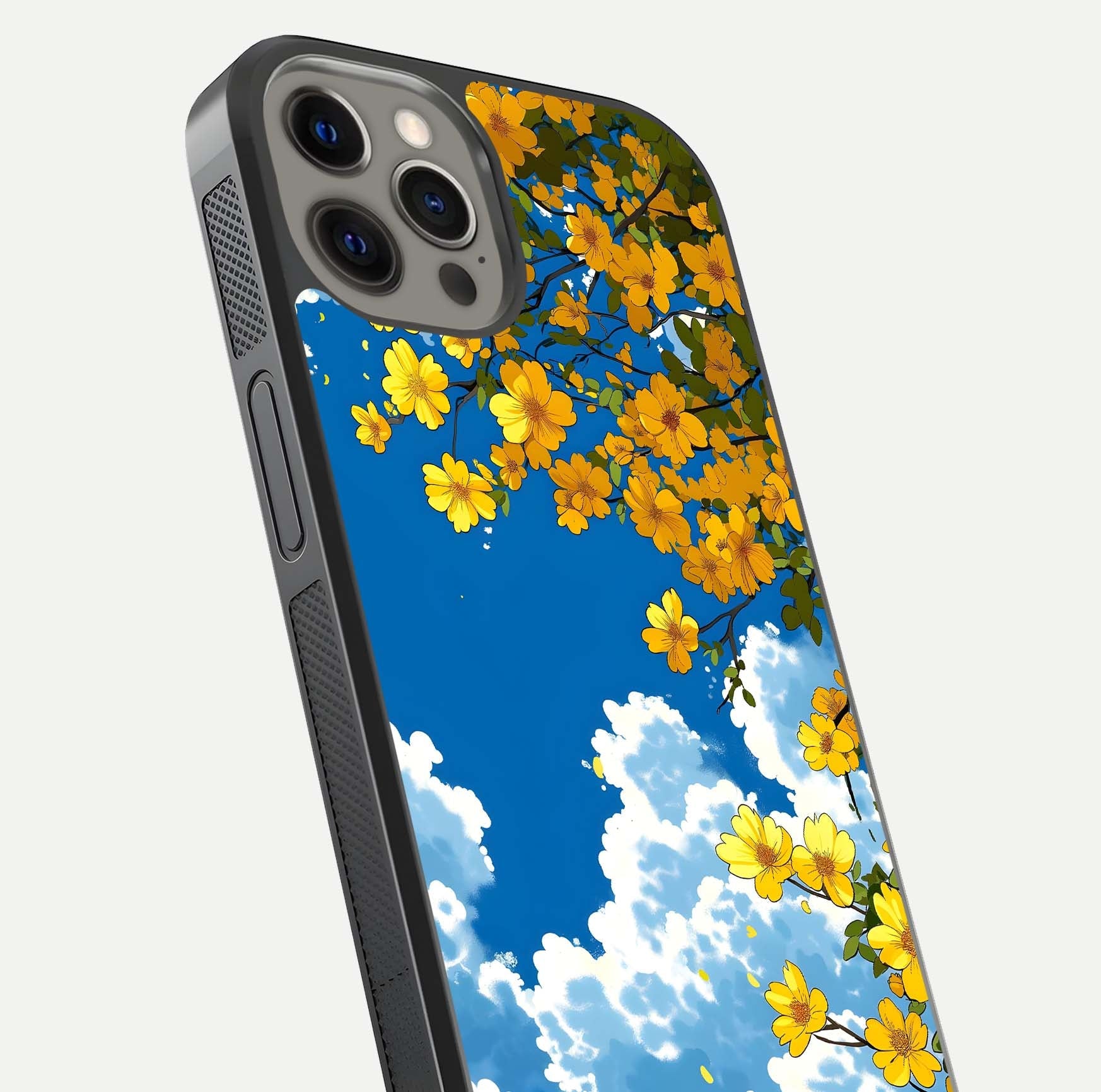 Golden Petal Sky Glass Case for iPhone 12 Pro Max close-up angled shot showing petal texture and shine reflection