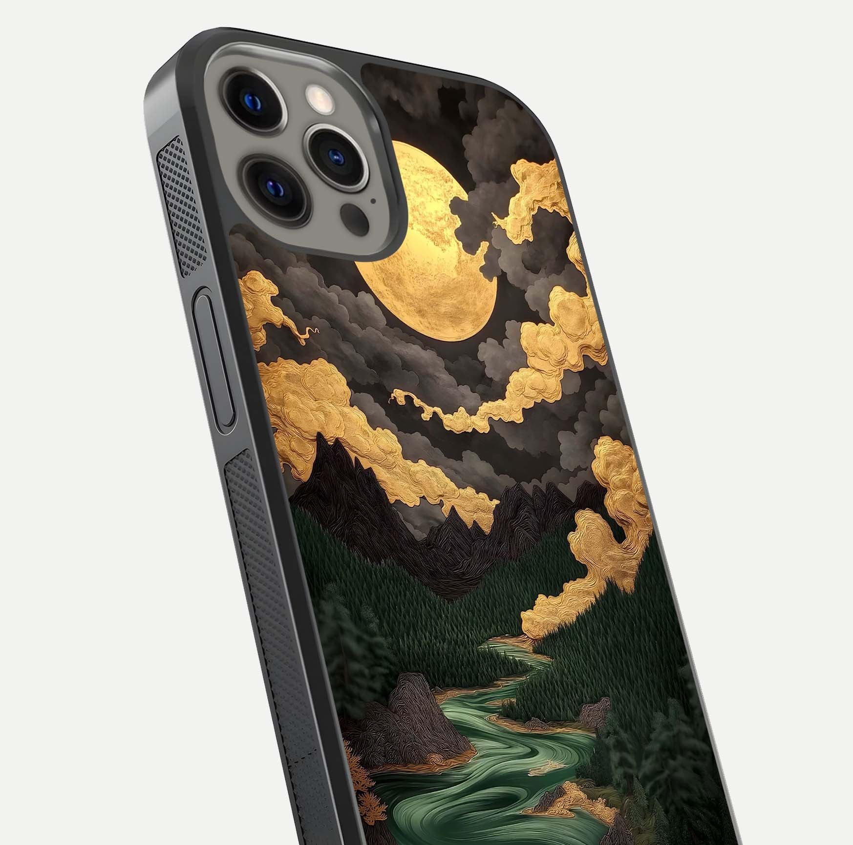 Golden River Moon Glass Case for iPhone 12 Pro Max close-up angled shot showing moon reflection and water shine