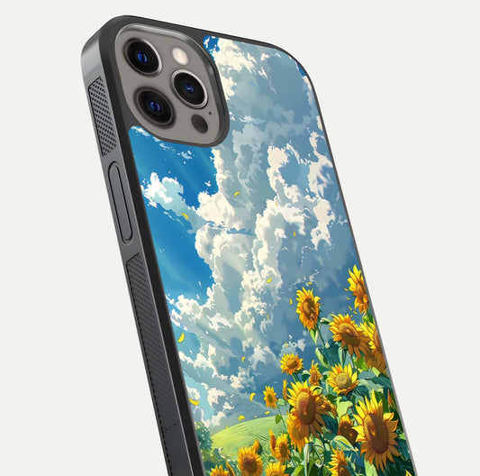 Golden Sun Glory Glass Case for iPhone 12 Pro Max close-up angled shot showing sunlight reflection and gold detailing