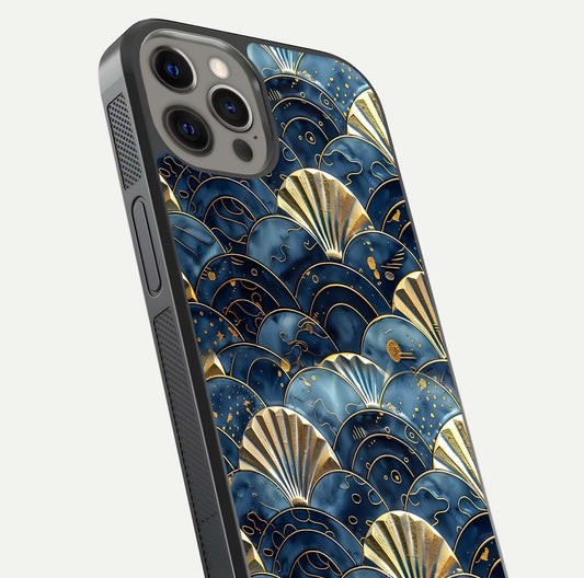 Golden Wave Luxe Glass Case for iPhone 12 Pro Max close-up angled shot showing flowing wave texture and reflection brightness