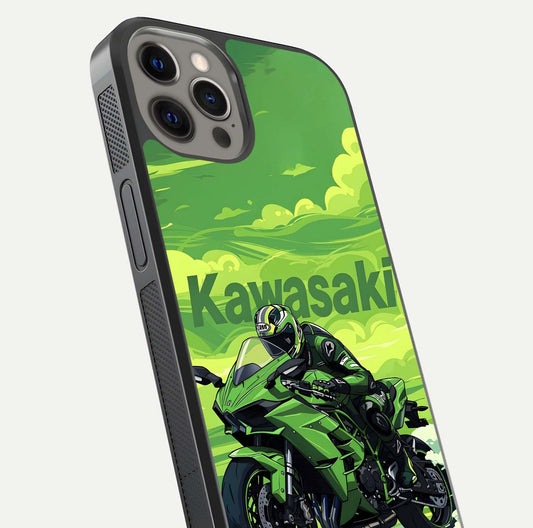 Green Kawasaki Glass Case for iPhone 12 Pro Max close-up angled shot showing sporty line details and reflection shine